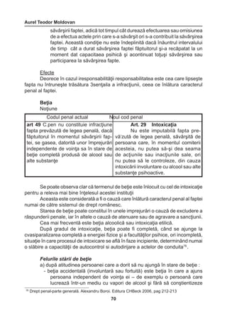 Aurel Teodor Moldovan 
70 
Codul penal actual Noul cod penal 
art 49 C.pen nu constituie infracţiune 
fapta prevăzută de legea penală, dacă 
făptuitorul în momentul săvârşirii fap-tei, 
se gasea, datorită unor împrejurări 
independente de voinţa sa în stare de 
beţie completă produsă de alcool sau 
alte substanţe 
Art. 29 Intoxicaţia 
Nu este imputabilă fapta prevă‘ 
zută de legea penală, săvârşită de 
persoana care, în momentul comiterii 
acesteia, nu putea să-şi dea seama 
de acţiunile sau inacţiunile sale, ori 
nu putea să le controleze, din cauza 
intoxicării involuntare cu alcool sau alte 
substanţe psihoactive. 
78 Drept penal-parte generală. Alexandru Boroi. Editura CHBeck 2006, pag 212-213 
săvârşirii faptei, adică tot timpul cât durează efectuarea sau omisiunea 
de a efectua actele prin care s-a săvârşit ori s-a contribuit la săvârşirea 
faptei. Această condiţie nu este îndeplinită dacă înăuntrul intervalului 
de timp cât a durat săvârşirea faptei făptuitorul şi-a recăpatat la un 
moment dat capacitaea psihică şi acontinuat toţuşi săvârşirea sau 
participarea la săvârşirea fapte. 
Efecte 
Deorece în cazul iresponsabilităţii responsabilitatea este cea care lipseşte 
fapta nu întruneşte trăsătura 3senţaila a infracţiunii, ceea ce înlătura caracterul 
penal al faptei. 
Beţia 
Noţiune 
Se poate observa clar că termenul de beţie este înlocuit cu cel de intoxicaţie 
pentru a releva mai bine înţelesul acestei instituţii 
Aceasta este considerată a fi o cauză care înlătură caracterul penal al faptei 
numai de către sistemul de drept românesc. 
Starea de beţie poate constitui în unele imprejurări o cauză de excludere a 
răspunderii penale, iar în altele o cauză de atenuare sau de agravare a sancţiunii. 
Cea mai frecventă este beţia alcoolică sau intoxicaţia etilică. 
După gradul de intoxicaţie, beţia poate fi completă, când se ajunge la 
cvasiparalizarea completă a energiei fizice şi a facultăţilor psihice, ori incompletă, 
situaţie în care procesul de intoxicare se află în faze incipiente, determinând numai 
o slăbire a capacităţii de autocontrol si autodirijare a actelor de conduita78 . 
Felurile stării de beţie 
a) după atitudinea persoanei care a dorit să nu ajungă în stare de beţie : 
- beţia accidentală (involuntară sau fortuită) este beţia în care a ajuns 
persoana independent de voinţa ei – de exemplu o persoană care 
lucrează într-un mediu cu vapori de alcool şi fără să conştientizeze 
 
