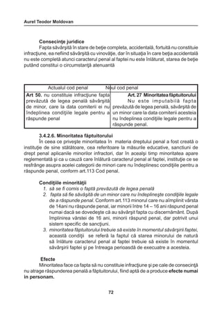 Aurel Teodor Moldovan 
72 
Consecinţe juridice 
Fapta săvârşită în stare de beţie completa, accidentală, fortuită nu constituie 
infracţiune, ea nefiind săvârşită cu vinovăţie, dar în situaţia în care beţia accidentală 
nu este completă atunci caracterul penal al faptei nu este înlăturat, starea de beţie 
putând constitui o circumstanţă atenuantă 
3.4.2.6. Minoritatea făptuitorului 
În ceea ce priveşte minoritatea în materia dreptului penal a fost creată o 
instituţie de sine stătătoare, cea referitoare la măsurile educative, sanctiuni de 
drept penal aplicanile minorilor infractori, dar în acealşi timp minoritatea apare 
reglementată şi ca u cauză care înlătură caracterul penal al faptei, instituţie ce se 
resfrânge asupra acelei categorii de minori care nu îndeplinesc condiţiile pentru a 
răspunde penal, conform art.113 Cod penal. 
Condiţiile minorităţii 
1. să se fi comis o faptă prevăzută de legea penală 
2. fapta să fie săvâşită de un minor care nu îndeplineşte condiţiile legale 
de a răspunde penal. Conform art.113 minorul care nu aîmplinit vârsta 
de 14ani nu răspunde penal, iar minorii între 14 – 16 ani răspund penal 
numai dacă se dovedeşte că au săvârşit fapta cu discernământ. După 
împlinirea vărstei de 16 ani, minorii răspund penal, dar potrivit unui 
sistem specific de sancţiuni. 
3. minoritatea făptuitorului trebuie să existe în momentul săvârşirii faptei, 
această condiţii se referă la faptul că starea minorului de natură 
să înlăture caracterul penal al faptei trebuie să existe în momentul 
săvârşirii faptei şi pe întreaga perioasdă de execuatre a acesteia. 
Efecte 
Minoritatea face ca fapta să nu constituie infracţiune şi pe cale de consecinţă 
nu atrage răspunderea penală a făptuitorului, fiind aptă de a produce efecte numai 
in personam. 
Actualul cod penal Noul cod penal 
Art 50. nu constituie infracţiune fapta 
prevăzută de legea penală săvârşită 
de minor, care la data comiterii ei nu 
îndeplinea condiţiile legale pentru a 
răspunde penal 
Art. 27 Minoritatea făptuitorului 
Nu este imputabilă fapta 
prevăzută de legea penală, săvârşită de 
un minor care la data comiterii acesteia 
nu îndeplinea condiţiile legale pentru a 
răspunde penal. 
 