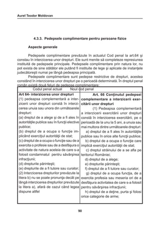 Aurel Teodor Moldovan 
90 
4.3.3. Pedepsele complimentare pentru persoane fizice 
Aspecte generale 
Pedepsele complimentare prevăzute în actualul Cod penal la art.64 şi 
constau în interzicerea unor drepturi. Ele sunt menite să completeze represiunea 
instituită de pedepsele principale. Pedepsele complimentare prin natura lor, nu 
pot exista de sine stătător ele putând fi instituite de lege şi aplicate de instanţele 
judecătoreşti numai pe lângă pedeapsa principală. 
Pedepsele complimentare sunt pedepse restrictive de drepturi, acestea 
constând în interzicerea unor drepturi pe o perioadă determinată. În dreptul penal 
român există două feluri de pedepse complimentare: 
Codul penal actual Noul cod penal 
Art 64- interzicerea unor drepturi 
(1) pedeapsa complementară a inter-zicerii 
unor drepturi constă în interzi-cerea 
unuia sau unora din următoarele 
drepturi: 
(a) dreptul de a alege şi de a fi ales în 
autorităţile publice sau în funcţii elective 
publice; 
(b) dreptul de a ocupa o funcţie im-plicând 
exerciţiul autorităţii de stat; 
(c) dreptul de a ocupa o funcţie sau de a 
exercita o profesie sau de a desfăşura o 
activitate de natura aceleia de care s-a 
folosit condamnatul pentru săvârşirea 
infracţiunii; 
(d) drepturile părinteşti; 
(e) drepturile de a fi tutore sau curator; 
(2) Interzicerea drepturilor prevăzute la 
litera b) nu se poate pronunţa decât pe 
lângă interzicerea drepturilor prevăzute 
la litera a), afară de cazul când legea 
dispune altfel 
Art. 66 Conţinutul pedepsei 
complementare a interzicerii exercitării 
unor drepturi 
(1) Pedeapsa complementară 
a interzicerii exercitării unor drepturi 
constă în interzicerea exercitării, pe o 
perioadă de la unu la 5 ani, a unuia sau 
mai multora dintre următoarele drepturi: 
a) dreptul de a fi ales în autorităţile 
publice sau în orice alte funcţii publice; 
b) dreptul de a ocupa o funcţie care 
implică exerciţiul autorităţii de stat; 
c) dreptul străinului de a se afla pe 
teritoriul României; 
d) dreptul de a alege; 
e) drepturile părinteşti; 
f) dreptul de a fi tutore sau curator; 
g) dreptul de a ocupa funcţia, de a 
exercita profesia sau meseria ori de a 
desfăşura activitatea de care s-a folosit 
pentru săvârşirea infracţiunii; 
h) dreptul de a deţine, purta şi folosi 
orice categorie de arme; 
 