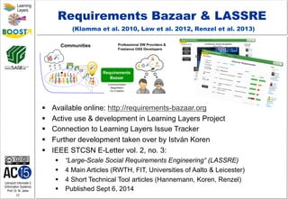 Lehrstuhl Informatik 5
(Information Systems)
Prof. Dr. M. Jarke
17
Learning
Layers
Requirements Bazaar & LASSRE
(Klamma et al. 2010, Law et al. 2012, Renzel et al. 2013)
§  Available online: http://requirements-bazaar.org
§  Active use & development in Learning Layers Project
§  Connection to Learning Layers Issue Tracker
§  Further development taken over by István Koren
§  IEEE STCSN E-Letter vol. 2, no. 3:
§  “Large-Scale Social Requirements Engineering“ (LASSRE)
§  4 Main Articles (RWTH, FIT, Universities of Aalto & Leicester)
§  4 Short Technical Tool articles (Hannemann, Koren, Renzel)
§  Published Sept 6, 2014
 