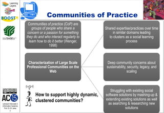 Lehrstuhl Informatik 5
(Information Systems)
Prof. Dr. M. Jarke
7
Learning
Layers
Communities of Practice
Communities of practice (CoP) are
groups of people who share a
concern or a passion for something
they do and who interact regularly to
learn how to do it better (Wenger,
1998)
Characterization of Large Scale
Professional Communities on the
Web
Shared expertise/practices over time
in similar domains leading
to clusters as a social learning
process
Deep community concerns about
sustainability, security, legacy, and
scaling
Struggling with existing social
software solutions by mashing-up &
extending existing solutions as well
as searching & researching new
solutions
How to support highly dynamic,
clustered communities?
 