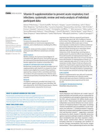 the bmj | BMJ 2017;356:i6583 | doi: 10.1136/bmj.i6583
RESEARCH
1
open access
Vitamin D supplementation to prevent acute respiratory tract
infections: systematic review and meta-analysis of individual
participant data
Adrian R Martineau,1,2 David A Jolliffe,1 Richard L Hooper,1 Lauren Greenberg,1 John F Aloia,3
Peter Bergman,4 Gal Dubnov-Raz,5 Susanna Esposito,6 Davaasambuu Ganmaa,7 Adit A Ginde,8
Emma C Goodall,9 Cameron C Grant,10 Christopher J Griffiths,1,2,11 Wim Janssens,12 Ilkka Laaksi,13
Semira Manaseki-Holland,14 David Mauger,15 David R Murdoch,16 Rachel Neale,17 Judy R Rees,18
SteveSimpson,Jr19 IwonaStelmach,20 GeetaTrilokKumar,21 Mitsuyoshi Urashima,22 CarlosA Camargo Jr23
ABSTRACT
Objectives
To assess the overall effect of vitamin D
supplementation on risk of acute respiratory tract
infection, and to identify factors modifying this effect.
Design
Systematic review and meta-analysis of individual
participant data (IPD) from randomised controlled
trials.
Data sources
Medline, Embase, the Cochrane Central Register of
Controlled Trials, Web of Science, ClinicalTrials.gov, and
the International Standard Randomised Controlled Trials
Number registry from inception to December 2015.
Eligibility criteria for study selection
Randomised, double blind, placebo controlled trials of
supplementation with vitamin D3 or vitamin D2 of any
duration were eligible for inclusion if they had been
approved by a research ethics committee and if data
on incidence of acute respiratory tract infection were
collected prospectively and prespecified as an efficacy
outcome.
Results
25 eligible randomised controlled trials (total 11 321
participants, aged 0 to 95 years) were identified. IPD
were obtained for 10 933 (96.6%) participants. Vitamin
D supplementation reduced the risk of acute
respiratory tract infection among all participants
(adjusted odds ratio 0.88, 95% confidence interval
0.81 to 0.96; P for heterogeneity <0.001). In subgroup
analysis, protective effects were seen in those
receiving daily or weekly vitamin D without additional
bolus doses (adjusted odds ratio 0.81, 0.72 to 0.91)
but not in those receiving one or more bolus doses
(adjusted odds ratio 0.97, 0.86 to 1.10; P for
interaction=0.05). Among those receiving daily or
weekly vitamin D, protective effects were stronger in
those with baseline 25-hydroxyvitamin D levels <25
nmol/L (adjusted odds ratio 0.30, 0.17 to 0.53) than in
those with baseline 25-hydroxyvitamin D levels ≥25
nmol/L (adjusted odds ratio 0.75, 0.60 to 0.95; P for
interaction=0.006). Vitamin D did not influence the
proportion of participants experiencing at least one
serious adverse event (adjusted odds ratio 0.98, 0.80
to 1.20, P=0.83). The body of evidence contributing to
these analyses was assessed as being of high quality.
Conclusions
Vitamin D supplementation was safe and it protected
against acute respiratory tract infection overall.
Patients who were very vitamin D deficient and those
not receiving bolus doses experienced the most
benefit.
Systematic review registration
PROSPERO CRD42014013953.
Introduction
Acute respiratory tract infections are a major cause of
global morbidity and mortality and are responsible for
10% of ambulatory and emergency department visits in
the USA1 and an estimated 2.65 million deaths world-
wide in 2013.2 Observational studies report consistent
independent associations between low serum concen-
trations of 25-hydroxyvitamin D (the major circulating
vitamin D metabolite) and susceptibility to acute respi-
ratory tract infection.3 4 25-hydroxyvitamin D supports
induction of antimicrobial peptides in response to both
viral and bacterial stimuli,5-7 suggesting a potential
mechanism by which vitamin D inducible protection
against respiratory pathogens might be mediated. Vita-
min D metabolites have also been reported to induce
other innate antimicrobial effector mechanisms,
including induction of autophagy and synthesis of
reactive nitrogen intermediates and reactive oxygen
intermediates.8 These epidemiological and in vitro data
For numbered affiliations see
end of article.
Correspondence to:
A R Martineau
a.martineau@qmul.ac.uk
Additional material is published
online only. To view please visit
the journal online.
Cite this as: BMJ 2017;356:i6583
http://dx.doi.org/10.1136/bmj.i6583
Accepted: 01 December 2016
What is already known on this topic
Randomised controlled trials of vitamin D supplementation for the prevention of
acute respiratory tract infection have yielded conflicting results
Individual participant data (IPD) meta-analysis has the potential to identify factors
that may explain this heterogeneity, but this has not previously been performed
What this study adds
Meta-analysis of IPD from 10 933 participants in 25 randomised controlled trials
showed an overall protective effect of vitamin D supplementation against acute
respiratory tract infection (number needed to treat (NNT)=33)
Benefit was greater in those receiving daily or weekly vitamin D without additional
bolus doses (NNT=20), and the protective effects against acute respiratory tract
infection in this group were strongest in those with profound vitamin D deficiency at
baseline (NNT=4)
These findings support the introduction of public health measures such as food
fortification to improve vitamin D status, particularly in settings where profound
vitamin D deficiency is common
on27April2020byguest.Protectedbycopyright.http://www.bmj.com/BMJ:firstpublishedas10.1136/bmj.i6583on15February2017.Downloadedfrom
 