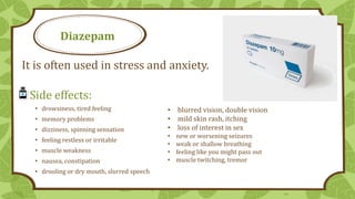 Diazepam

It is often used in stress and anxiety.
Side effects:
• drowsiness, tired feeling
• memory problems

• dizziness, spinning sensation
• feeling restless or irritable
• muscle weakness
• nausea, constipation

• blurred vision, double vision
• mild skin rash, itching
• loss of interest in sex
•
•
•
•

new or worsening seizures
weak or shallow breathing
feeling like you might pass out
muscle twitching, tremor

• drooling or dry mouth, slurred speech

14

 