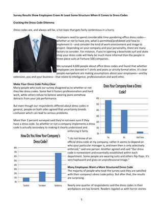 Survey Results Show Employees Crave At Least Some Structure When It Comes to Dress Codes
Cracking the Dress Code Dilemma
Dress codes are, and always will be, a hot topic that gets fairly contentious in a hurry.
Employers need to spend considerable time pondering office dress codes---
whether or not to have one, what is permitted/prohibited and how to
implement it---and consider the kind of work environment and image to
project. Depending on your company and your personality, there are many
factors to consider. For instance, if you're opening a beachside surf and skate
shop your dress code will likely be much more informal than the people in
three-piece suits at Fortune 500 companies.
We surveyed 4,600 people about office dress codes and found that whether
employees are donned in T-shirts and jeans or strictly formal attire, it's clear
people everywhere are making assumptions about your employees---and by
extension, you and your business---that relate to intelligence, professionalism and work ethic.
Make Your Dress Code Policy Clear
Many people who took our survey disagreed as to whether or not
they like dress codes. Some feel it fosters professionalism and hard
work, while others refuse to believe wearing jeans somehow
detracts from your job performance.
But even though our respondents differed about dress codes in
general, people on both sides agreed that uncertainty breeds
confusion which can lead to serious problems.
More than 3 percent surveyed said they're not even sure if they
have a dress code. So whether or not a company implements a dress
code is actually secondary to making it clearly understood and
enforcing it fairly.
"I do not know of an
official dress code at my company, rather it seems to depend on
who your particular manager is, and even then is only selectively
enforced," said one person. Another agreed and said "Our dress
code is nonexistent and essentially established within each
department. Some people are wearing suits and others flip-flops. It's
very haphazard and gives an unprofessional image."
Many Employees Want a More Structured Dress Code
The majority of people who took the survey said they are satisfied
with their company's dress code policy. But after that, the results
are surprising.
Nearly one-quarter of respondents said the dress codes in their
workplaces are too lenient. Readers regaled us with horror stories
1
 