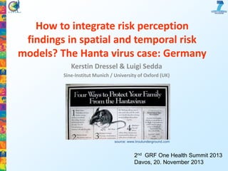 How to integrate risk perception
findings in spatial and temporal risk
models? The Hanta virus case: Germany
Kerstin Dressel & Luigi Sedda
Sine-Institut Munich / University of Oxford (UK)

source: www.troutunderground.com

2nd GRF One Health Summit 2013
Davos, 20. November 2013

 