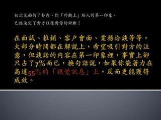 初次見面的７秒內，你「外觀上」給人的第一印象，
已經決定了對方往後對你的評斷！
 