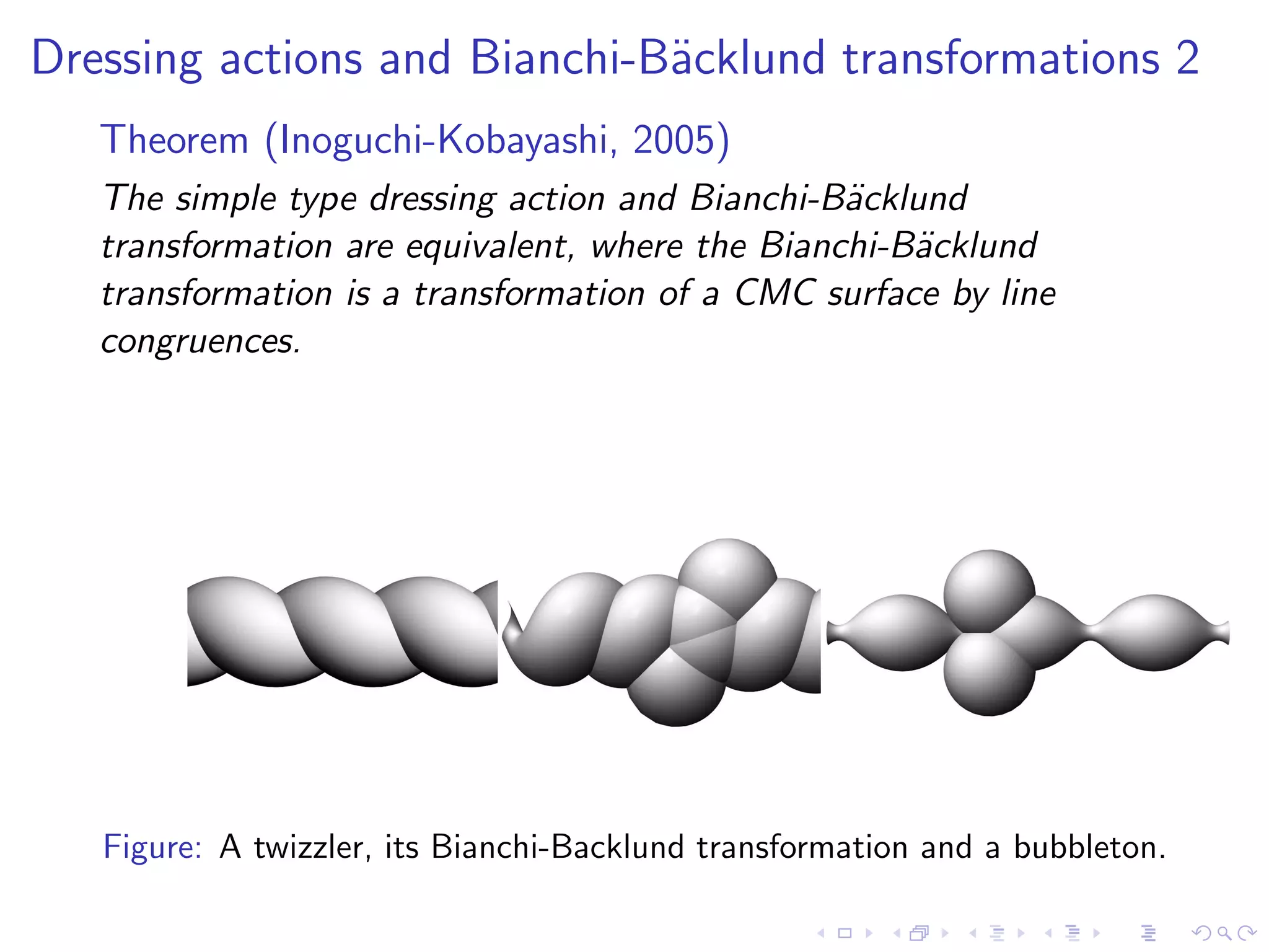 Dressing actions and Bianchi-B¨cklund transformations 2
                              a
   Theorem (Inoguchi-Kobayashi, 2005)
   The simple type dressing action and Bianchi-B¨cklund
                                                 a
   transformation are equivalent, where the Bianchi-B¨cklund
                                                     a
   transformation is a transformation of a CMC surface by line
   congruences.




   Figure: A twizzler, its Bianchi-Backlund transformation and a bubbleton.
 