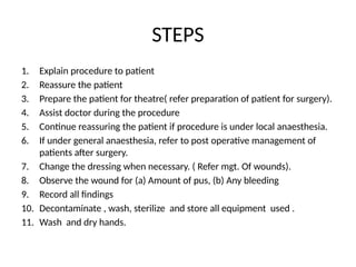 STEPS
1. Explain procedure to patient
2. Reassure the patient
3. Prepare the patient for theatre( refer preparation of patient for surgery).
4. Assist doctor during the procedure
5. Continue reassuring the patient if procedure is under local anaesthesia.
6. If under general anaesthesia, refer to post operative management of
patients after surgery.
7. Change the dressing when necessary. ( Refer mgt. Of wounds).
8. Observe the wound for (a) Amount of pus, (b) Any bleeding
9. Record all findings
10. Decontaminate , wash, sterilize and store all equipment used .
11. Wash and dry hands.
 