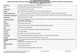 K to 12 BASIC EDUCATION CURRICULUM
JUNIOR HIGH SCHOOL TECHNICAL LIVELIHOOD EDUCATION AND SENIOR HIGH SCHOOL TECHNICAL-VOCATIONAL-LIVELIHOOD TRACK
HOME ECONOMICS – DRESSMAKING (NC II)
(320 hours)
K to 12 Home Economics – Dressmaking Curriculum Guide May 2016 * LO – Learning Outcome Page 20 of 26
Learning Materials are uploaded at http://lrmds.deped.gov.ph/.
Conversion a change of figures like changing from centimeters to inches and vice versa
Cost the amount paid or charge for something that is acquired
Cutting tools a cutting implement; a tool for cutting.
Design the arrangement of parts, details, forms, and colors to produce something new
Double needle machine This is used in the construction of the different kinds of clothing especially for the inseam, out seam and side seam.
Dressmaker’s carbon paper also called dressmaker‘s tracing paper is a specially waxed carbon paper that transfer‘s the tracing wheel‘s markings to the fabric.
Dress guard protects the dress from the wheel.
Embroidery machine
This is used in making fancy stitches and in making different kinds of embroidery stitches on fabrics for the barong tagalog, pillow cases,
linen, and other novelty items.
Fabric the cloth used in making garments.
Feed dog moves the fabric while sewing.
Firm weave a weave in which the yarns or threads are tightly twisted and placed close together
Flax a plant which produces linen fiber
French curve This is used to shape the depth of the neckhole and armhole of the pattern.
Garment any article of clothing
Grainline the direction in which the yarns or threads are woven
Hand needle used in making temporary stitches and buttonholes. Sizes of 7 to 10 are for general hand sewing.
Hemline the marked line at the bottom of the garment where the hem is turned
Hi-speed lockstitch sewing
machine
This is sometimes called „straight stitching machine‖ or industrial sewing machine. It has automatic lubrication and is used by tailors and
Dressmakers.
Hips measure around the fullest part of your hips.
Household fabrics curtains, carpets, bed linen, etc.
IMC Individual Measurement Chart
Knit connected loops of yarn with big needles to form a fabric
 
