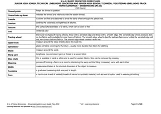 K to 12 BASIC EDUCATION CURRICULUM
JUNIOR HIGH SCHOOL TECHNICAL LIVELIHOOD EDUCATION AND SENIOR HIGH SCHOOL TECHNICAL-VOCATIONAL-LIVELIHOOD TRACK
HOME ECONOMICS – DRESSMAKING (NC II)
(320 hours)
K to 12 Home Economics – Dressmaking Curriculum Guide May 2016 * LO – Learning Outcome Page 23 of 26
Learning Materials are uploaded at http://lrmds.deped.gov.ph/.
Thread guide keeps the thread in position.
Thread take up lever releases the thread and interlocks with the bobbin thread.
Treadle is where the feet are stationed to drive the band wheel through the pitman rod.
Tension controls the looseness and tightness of stitches.
Texture the surface characteristics of a fabric, which can be seen or felt
Tint whitened color
Tracing wheel
there are two types of tracing wheels, those with a serrated edge and those with a smooth edge. The serrated edge wheel produces dots
on the fabric and is suitable for most types of fabrics. The smooth edge wheel is best for delicate fabrics and unlike the serrated edge will
not pierce more delicate fabrics. The smooth edge wheel creates a solid line.
Upper bust measure around the torso directly above the bust line.
Upholstery plastic or fabric coverings for furniture , usually more durable than fabric for clothing
Waist measure around the waist.
Warp yarn lengthwise (up-and-down) yarn or thread in a woven fabric
Wax chalk this is available in black or white and is used for woolen fabrics. Wax can be removed by pressing.
Weaving process of forming a fabric on a loom by interlacing the warp and the filling (crosswise) yarns with each other
Width measurement taken at the shortest dimension of the object to measure
Yardstick a graduated measuring stick one yard in length.
Yarn a continuous strand of twisted threads of natural or synthetic material, such as wool or nylon, used in weaving or knitting
 