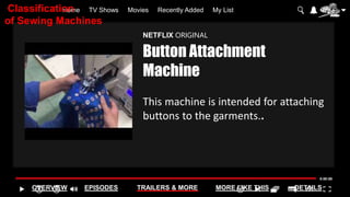 Home TV Shows Movies Recently Added My List
OVERVIEW EPISODES TRAILERS & MORE MORE LIKE THIS DETAILS
NETFLIX ORIGINAL
Button Attachment
Machine
This machine is intended for attaching
buttons to the garments..
Classification
of Sewing Machines
 