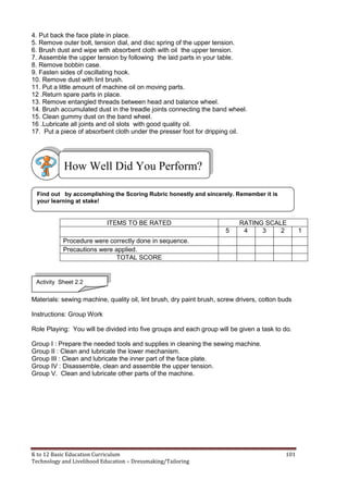 K to 12 Basic Education Curriculum 101
Technology and Livelihood Education – Dressmaking/Tailoring
4. Put back the face plate in place.
5. Remove outer bolt, tension dial, and disc spring of the upper tension.
6. Brush dust and wipe with absorbent cloth with oil the upper tension.
7. Assemble the upper tension by following the laid parts in your table.
8. Remove bobbin case.
9. Fasten sides of oscillating hook.
10. Remove dust with lint brush.
11. Put a little amount of machine oil on moving parts.
12 .Return spare parts in place.
13. Remove entangled threads between head and balance wheel.
14. Brush accumulated dust in the treadle joints connecting the band wheel.
15. Clean gummy dust on the band wheel.
16 .Lubricate all joints and oil slots with good quality oil.
17. Put a piece of absorbent cloth under the presser foot for dripping oil.
ITEMS TO BE RATED RATING SCALE
5 4 3 2 1
Procedure were correctly done in sequence.
Precautions were applied.
TOTAL SCORE
Materials: sewing machine, quality oil, lint brush, dry paint brush, screw drivers, cotton buds
Instructions: Group Work
Role Playing: You will be divided into five groups and each group will be given a task to do.
Group I : Prepare the needed tools and supplies in cleaning the sewing machine.
Group II : Clean and lubricate the lower mechanism.
Group III : Clean and lubricate the inner part of the face plate.
Group IV : Disassemble, clean and assemble the upper tension.
Group V. Clean and lubricate other parts of the machine.
Find out by accomplishing the Scoring Rubric honestly and sincerely. Remember it is
your learning at stake!
How Well Did You Perform?
Activity Sheet 2.2
 