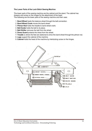K to 12 Basic Education Curriculum 16
Technology and Livelihood Education – Dressmaking/Tailoring
The Lower Parts of the Lock Stitch Sewing Machine
The lower parts of the sewing machine are the cabinet and the stand. The cabinet has
drawers and screw on the hinges for the attachment of the head.
The following are the lower parts of the sewing machine and their uses:
1. Band Wheel leads the balance wheel through the belt connection.
2. Band Wheel Crank moves the band wheel.
3. Pitman Rod holds the treadle to band wheel crank.
4. Belt Guide holds the belt to its place.
5. Belt Shifter removes the belt from the wheel.
6. Dress Guard protects the dress from the wheel.
7. Treadle is where the feet are stationed to drive the band wheel through the pitman rod.
8. Legs support the cabinet of the machine.
9. Cabinet holds the head of the machine by interlocking screw on the hinges.
 