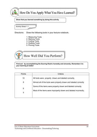 K to 12 Basic Education Curriculum 18
Technology and Livelihood Education – Dressmaking/Tailoring
Directions: Draw the following tools in your lecture notebook.
1. Measuring Tools
2. Marking Tools
3. Cutting Tools
4. Drafting Tools
5. Pinning Tools
Points Criteria
10
8
6
4
All tools were properly drawn and labeled correctly.
Almost all of the tools were properly drawn and labeled correctly
Some of the items were properly drawn and labeled correctly
Most of the items were improperly drawn and labeled incorrectly.
Show that you learned something by doing this activity
How Well Did You Perform?
Find out by accomplishing the Scoring Rubric honestly and sincerely. Remember it is
your learning at stake!
HowDo YouApplyWhatYou HaveLearned?
Activity Sheet 1.1
 