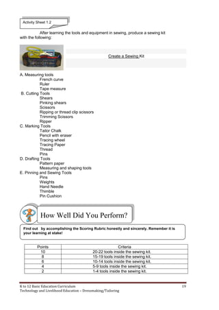 K to 12 Basic Education Curriculum 19
Technology and Livelihood Education – Dressmaking/Tailoring
After learning the tools and equipment in sewing, produce a sewing kit
with the following:
Create a Sewing Kit
A. Measuring tools
French curve
Ruler
Tape measure
B. Cutting Tools
Shears
Pinking shears
Scissors
Ripping or thread clip scissors
Trimming Scissors
Ripper
C. Marking Tools
Tailor Chalk
Pencil with eraser
Tracing wheel
Tracing Paper
Thread
Pins
D. Drafting Tools
Pattern paper
Measuring and shaping tools
E. Pinning and Sewing Tools
Pins
Weights
Hand Needle
Thimble
Pin Cushion
Points Criteria
10 20-22 tools inside the sewing kit.
8 15-19 tools inside the sewing kit.
6 10-14 tools inside the sewing kit.
4 5-9 tools inside the sewing kit.
2 1-4 tools inside the sewing kit.
How Well Did You Perform?
Find out by accomplishing the Scoring Rubric honestly and sincerely. Remember it is
your learning at stake!
Activity Sheet 1.2
 