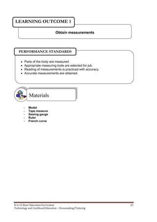 K to 12 Basic Education Curriculum 25
Technology and Livelihood Education – Dressmaking/Tailoring
- Model
- Tape measure
- Sewing gauge
- Ruler
- French curve
Materials
Obtain measurements
LEARNING OUTCOME 1
 Parts of the body are measured
 Appropriate measuring tools are selected for job.
 Reading of measurements is practiced with accuracy.
 Accurate measurements are obtained.
PERFORMANCE STANDARDS
 