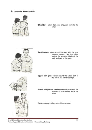 K to 12 Basic Education Curriculum 31
Technology and Livelihood Education – Dressmaking/Tailoring
B. Horizontal Measurements
Shoulder - taken from one shoulder point to the
other.
Bust/Breast - taken around the body with the tape
measure passing over the fullest
part of the shoulder blade at the
back and over to the apex.
Upper arm girth - taken around the fullest part of
the arm in line with the armpit.
Lower arm girth or sleeve width - taken around the
arm two to three inches below the
armpit.
Neck measure – taken around the neckline.
 