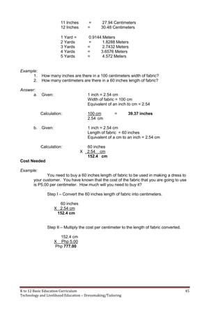K to 12 Basic Education Curriculum 45
Technology and Livelihood Education – Dressmaking/Tailoring
11 Inches = 27.94 Centimeters
12 Inches = 30.48 Centimeters
1 Yard = 0.9144 Meters
2 Yards = 1.8288 Meters
3 Yards = 2.7432 Meters
4 Yards = 3.6576 Meters
5 Yards = 4.572 Meters
Example:
1. How many inches are there in a 100 centimeters width of fabric?
2. How many centimeters are there in a 60 inches length of fabric?
Answer:
a. Given: 1 inch = 2.54 cm
Width of fabric = 100 cm
Equivalent of an inch to cm = 2.54
Calculation: 100 cm = 39.37 inches
2.54 cm
b. Given: 1 inch = 2.54 cm
Length of fabric = 60 inches
Equivalent of a cm to an inch = 2.54 cm
Calculation: 60 inches
X 2.54 cm
152.4 cm
Cost Needed
Example:
You need to buy a 60 inches length of fabric to be used in making a dress to
your customer. You have known that the cost of the fabric that you are going to use
is P5.00 per centimeter. How much will you need to buy it?
Step I – Convert the 60 inches length of fabric into centimeters.
60 inches
X 2.54 cm
152.4 cm
Step II – Multiply the cost per centimeter to the length of fabric converted.
152.4 cm
X Php 5.00
Php 777.00
 