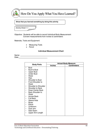K to 12 Basic Education Curriculum 48
Technology and Livelihood Education – Dressmaking/Tailoring
Objective: Students will be able to record Individual Body Measurement
Convert measurements from inches to centimeters
Materials, Tools and Equipment:
 Measuring Tools
 Pencil
Individual Measurement Chart
Name: ____________________________________________________
Date:_____________________________
Body Parts
Actual Body Measure
Inches Centimeters
 Bust
 Bust to Bust
 Upper Bust
 Under Bust
 Waist
 Hips
 Shoulder to Bust
 Front Shoulder to
Waist
 Shoulder to Shoulder
 Shoulder to Neck
 Down Center Back
 Back Shoulder to
Waist
 Across Back
 Full Back
 Sleeve Hole
 Bicep
 Elbow
 Underarm
 Over arm
 Side Seam
 Upper Arm Length
Show that you learned something by doing this activity
HowDo YouApplyWhatYou HaveLearned?
Activity Sheet 1.1
 