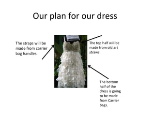 Our plan for our dress

The straps will be     The top half will be
made from carrier      made from old art
bag handles            straws




                             The bottom
                             half of the
                             dress is going
                             to be made
                             from Carrier
                             bags.
 