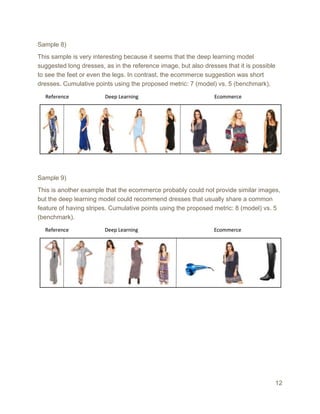 Sample 8)
This sample is very interesting because it seems that the deep learning model
suggested long dresses, as in the reference image, but also dresses that it is possible
to see the feet or even the legs. In contrast, the ecommerce suggestion was short
dresses. Cumulative points using the proposed metric: 7 (model) vs. 5 (benchmark).
Sample 9)
This is another example that the ecommerce probably could not provide similar images,
but the deep learning model could recommend dresses that usually share a common
feature of having stripes. Cumulative points using the proposed metric: 8 (model) vs. 5
(benchmark).
12
 
