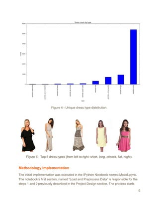 Figure 4 - Unique dress type distribution.
Figure 5 - Top 5 dress types (from left to right: short, long, printed, flat, night).
Methodology Implementation
The initial implementation was executed in the IPython Notebook named Model.ipynb.
The notebook’s first section, named “Load and Preprocess Data” is responsible for the
steps 1 and 2 previously described in the Project Design section. The process starts
6
 