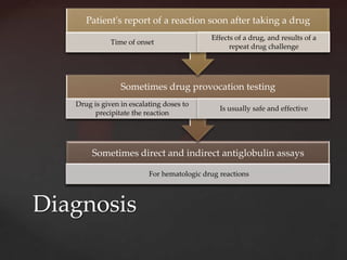 Patient's report of a reaction soon after taking a drug
                                            Effects of a drug, and results of a
              Time of onset
                                                  repeat drug challenge




                 Sometimes drug provocation testing
   Drug is given in escalating doses to
                                               Is usually safe and effective
         precipitate the reaction




        Sometimes direct and indirect antiglobulin assays

                          For hematologic drug reactions



Diagnosis
 