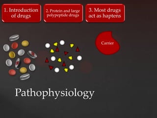 1. Introduction   2. Protein and large   3. Most drugs
    of drugs      polypeptide drugs      act as haptens




                                              Carrier




    Pathophysiology
 