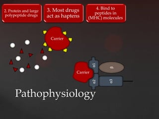 3. Most drugs        4. Bind to
2. Protein and large
polypeptide drugs
                                           peptides in
                       act as haptens    (MHC) molecules



                        Carrier




                                             α1



                                                  β
                                   Carrier




                                                  α3
      Pathophysiology                        α2
 