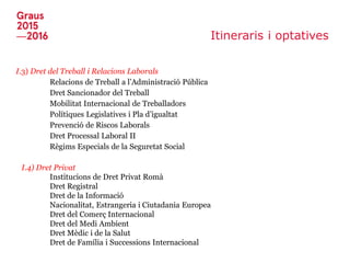 Itineraris i optatives
I.3) Dret del Treball i Relacions Laborals
Relacions de Treball a l’Administració Pública
Dret Sancionador del Treball
Mobilitat Internacional de Treballadors
Polítiques Legislatives i Pla d’igualtat
Prevenció de Riscos Laborals
Dret Processal Laboral II
Règims Especials de la Seguretat Social
I.4) Dret Privat
Institucions de Dret Privat Romà
Dret Registral
Dret de la Informació
Nacionalitat, Estrangeria i Ciutadania Europea
Dret del Comerç Internacional
Dret del Medi Ambient
Dret Mèdic i de la Salut
Dret de Família i Successions Internacional
 