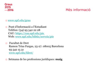 Més informació
□ www.upf.edu/grau
□ Punt d’Informació a l’Estudiant
Telèfon: (34) 93 542 22 28
CAU: https://cau.upf.edu/pie
Web: www.upf.edu/bibtic/serveis/pie
□ Facultat de Dret
Ramon Trias Fargas, 25-27. 08005 Barcelona
93 542 15 31
www.upf.edu/fdret/
□ Setmana de les professions jurídiques: maig
 