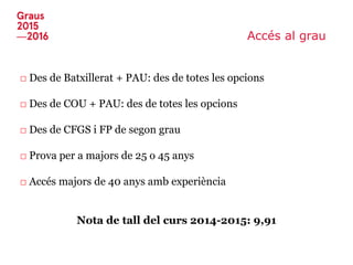 Accés al grau
□ Des de Batxillerat + PAU: des de totes les opcions
□ Des de COU + PAU: des de totes les opcions
□ Des de CFGS i FP de segon grau
□ Prova per a majors de 25 o 45 anys
□ Accés majors de 40 anys amb experiència
Nota de tall del curs 2014-2015: 9,91
 