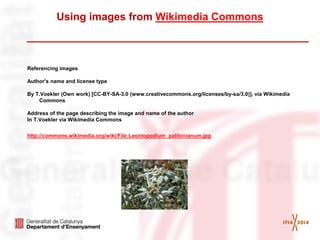 Using images from Wikimedia Commons 
Referencing images 
Author's name and license type 
By T.Voekler (Own work) [CC-BY-SA-3.0 (www.creativecommons.org/licenses/by-sa/3.0)], via Wikimedia Commons 
Address of the page describing the image and name of the author 
In T.Voekler via Wikimedia Commons 
http://commons.wikimedia.org/wiki/File:Leontopodium_palibinianum.jpg 
 
