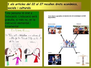 Tota persona té dret a l'educació. L'educació serà gratuïta, si més no, en la instrucció elemental i fonamental I  els articles del 22 al 27  recullen drets econòmics, socials i culturals 