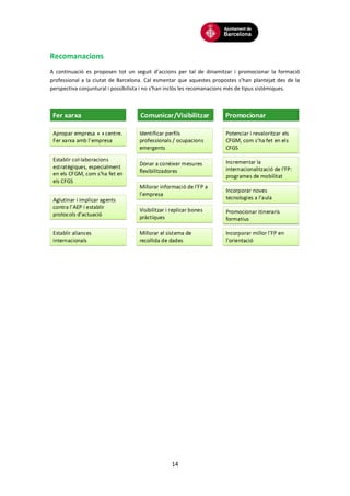 14
Recomanacions
A continuació es proposen tot un seguit d’accions per tal de dinamitzar i promocionar la formació
professional a la ciutat de Barcelona. Cal esmentar que aquestes propostes s’han plantejat des de la
perspectiva conjuntural i possibilista i no s’han inclòs les recomanacions més de tipus sistèmiques.
 
