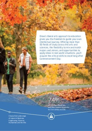 74%
of CEOs say a liberal arts
education prepares graduates
for 21st century success
Choose from wide range
of majors in Business,
Engineering, Sciences,
Humanities and the Arts
Drew’s liberal arts approach to education
gives you the freedom to guide your own
intellectual journey. Offering more than
50 fields of study across the arts and
sciences, the flexibility to mix and match
majors and minors, and opportunities to
apply ideas in real-world situations, you’ll
acquire the critical skills to excel long after
Commencement Day.
 