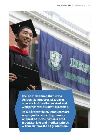 The best evidence that Drew
University prepares graduates
who are both well-educated and
well-prepared: student outcomes.
94% of recent Drew graduates are
employed in rewarding careers
or enrolled in the nation’s best
graduate, law and medical schools
within six months of graduation.
Drew University 2016-17 | Graduate Success 57
 