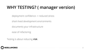 6
WHY TESTING? ( manager version)
deployment conﬁdence -> reduced stress
short-lived development environments
documents your infrastructure
ease of refactoring
Testing is about reducing risk
 