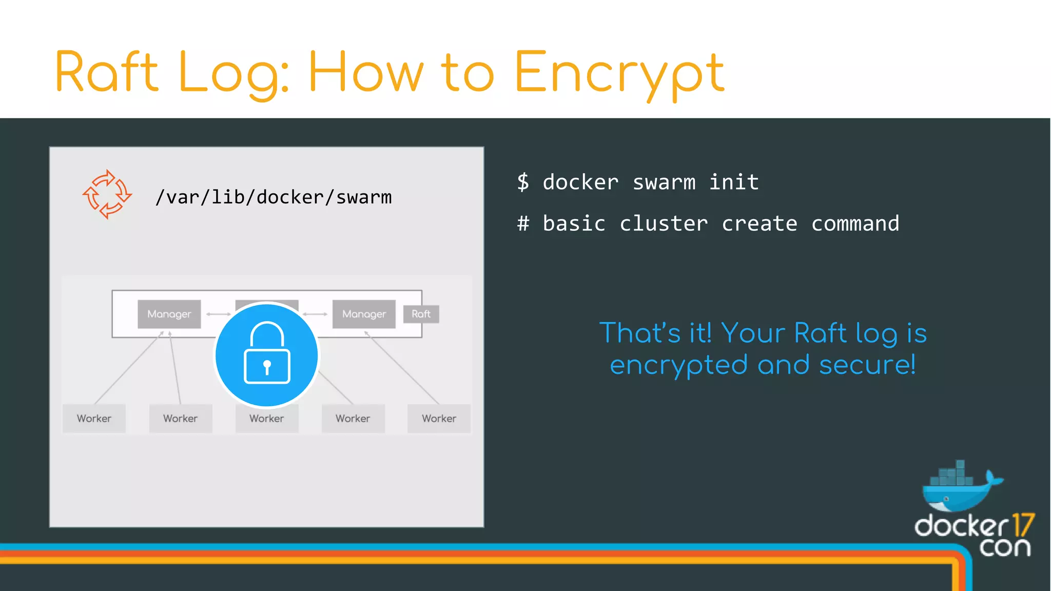 Raft Log: How to Encrypt
/var/lib/docker/swarm
$ docker swarm init
# basic cluster create command
That’s it! Your Raft log is
encrypted and secure!
 