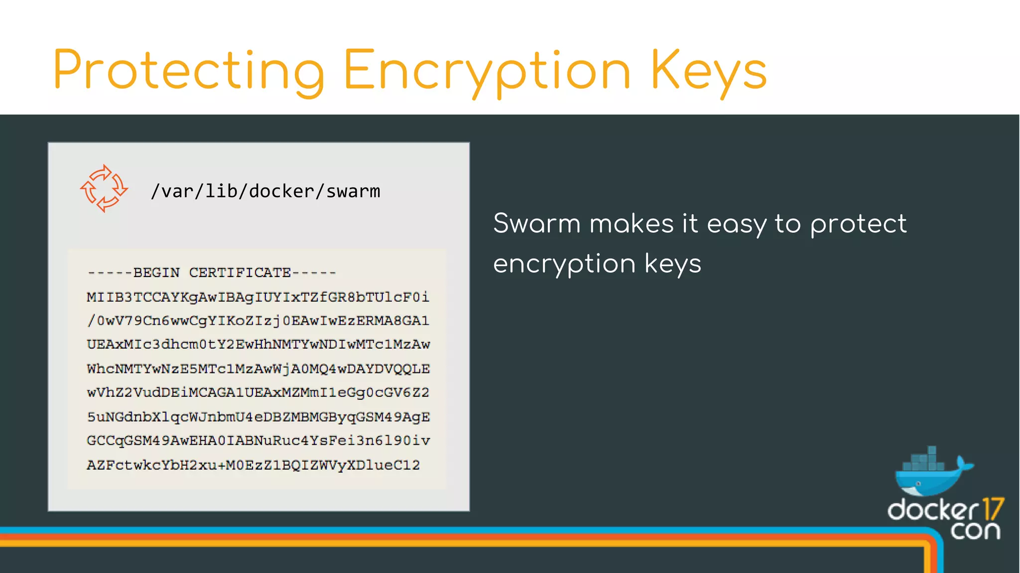 Protecting Encryption Keys
/var/lib/docker/swarm
Swarm makes it easy to protect
encryption keys
 