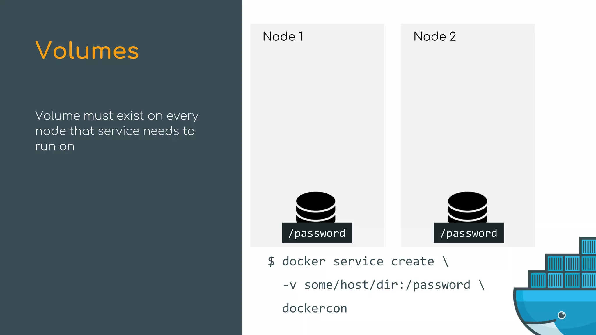 Node 1
/password
$ docker service create 
-v some/host/dir:/password 
dockercon
Node 2
/password
Volume must exist on every
node that service needs to
run on
Volumes
 