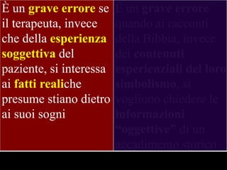 È un grave errore se
il terapeuta, invece
che della esperienza
soggettiva del
paziente, si interessa
ai fatti realiche
presume stiano dietro
ai suoi sogni

È un grave errore
quando ai racconti
della Bibbia, invece
dei contenuti
esperienziali del loro
simbolismo, si
vogliono chiedere le
informazioni
“oggettive” di un
accadimento storico.

 