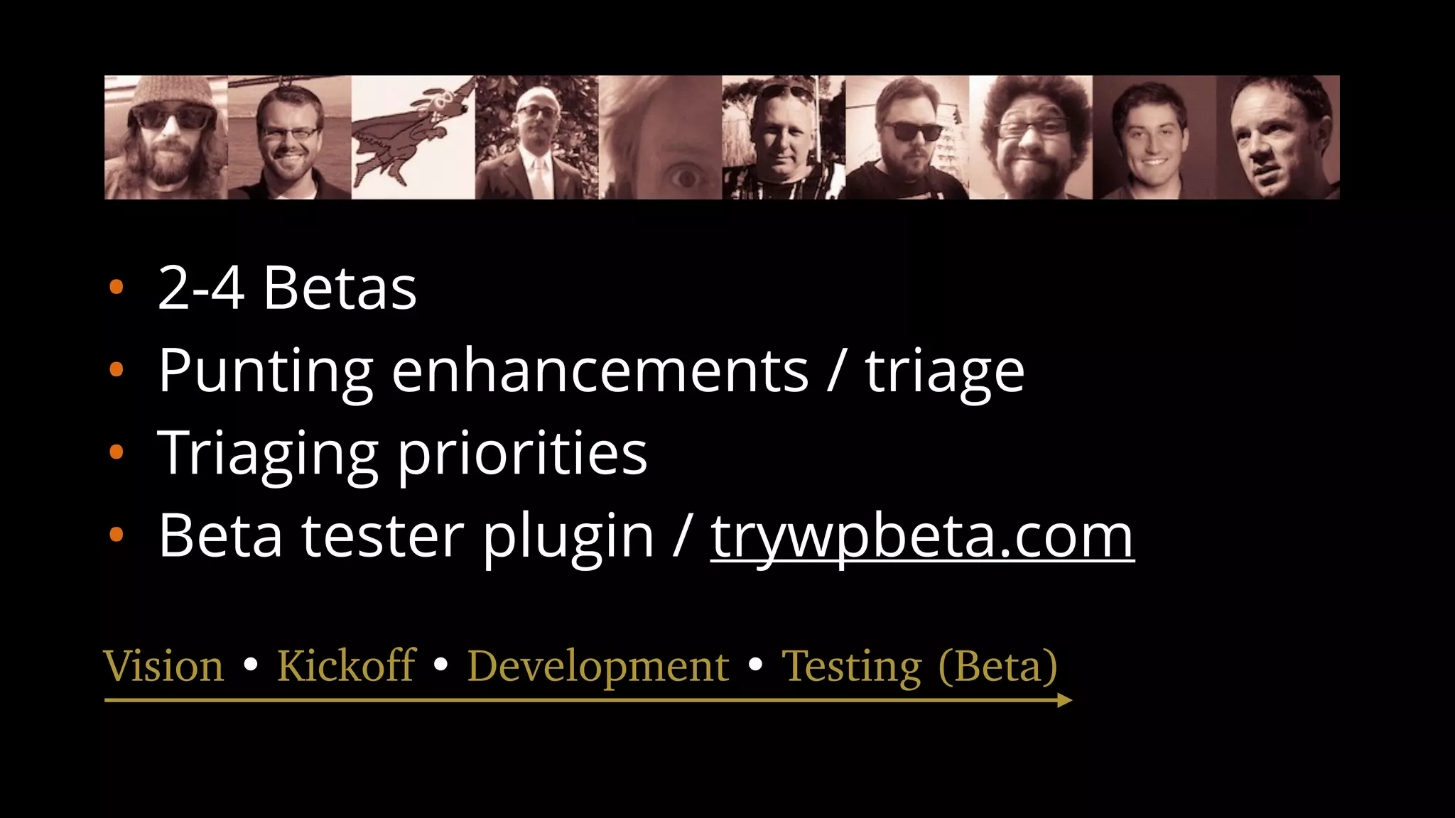 • 2-4 Betas
• Punting enhancements / triage
• Triaging priorities
• Beta tester plugin / trywpbeta.com
Vision • Kickoff • Development • Testing (Beta)
 