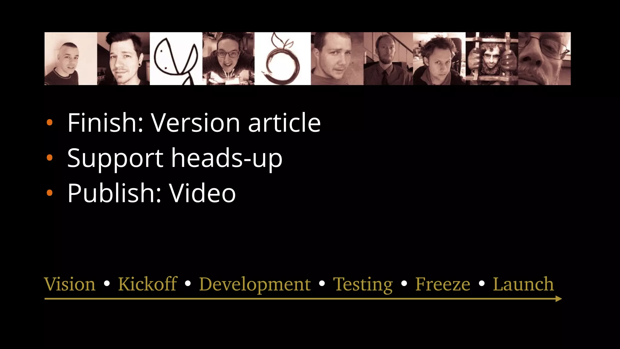 • Finish: Version article
• Support heads-up
• Publish: Video
Vision • Kickoff • Development • Testing • Freeze • Launch
 