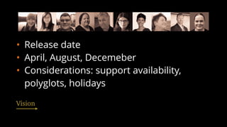 • Release date
• April, August, Decemeber
• Considerations: support availability,
polyglots, holidays
Vision
 