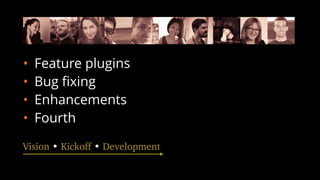 • Feature plugins
• Bug ﬁxing
• Enhancements
• Fourth
Vision • Kickoff • Development
 