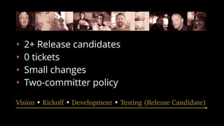 • 2+ Release candidates
• 0 tickets
• Small changes
• Two-committer policy
Vision • Kickoff • Development • Testing (Release Candidate)
 