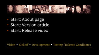 • Start: About page
• Start: Version article
• Start: Release video
Vision • Kickoff • Development • Testing (Release Candidate)
 