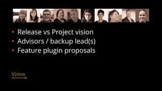 • Release vs Project vision
• Advisors / backup lead(s)
• Feature plugin proposals
Vision
 