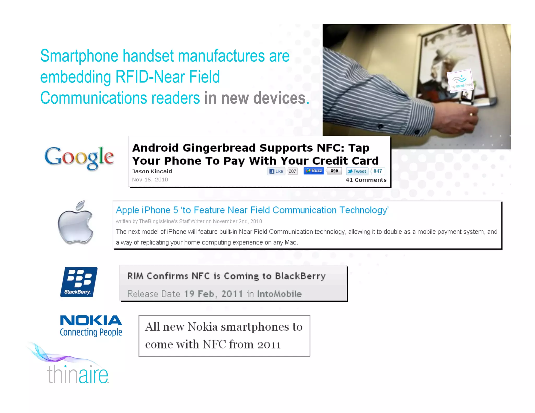 Smartphone handset manufactures are
embedding RFID-Near Field
Communications readers in new devices.
 